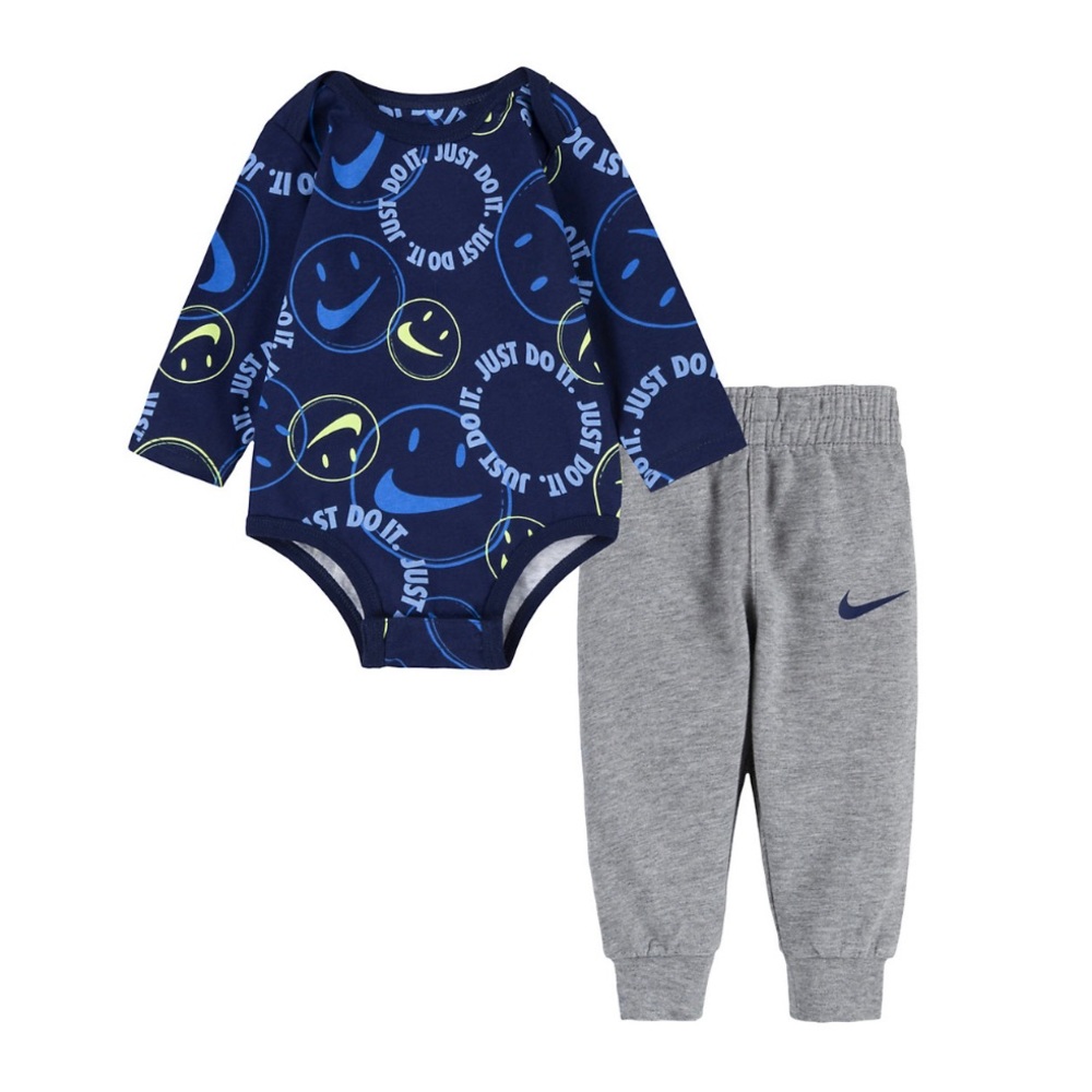 Baby Boy Nike Allover Print Smiley Bodysuit & Jogger Pants Set. Newborn 3M , 6M